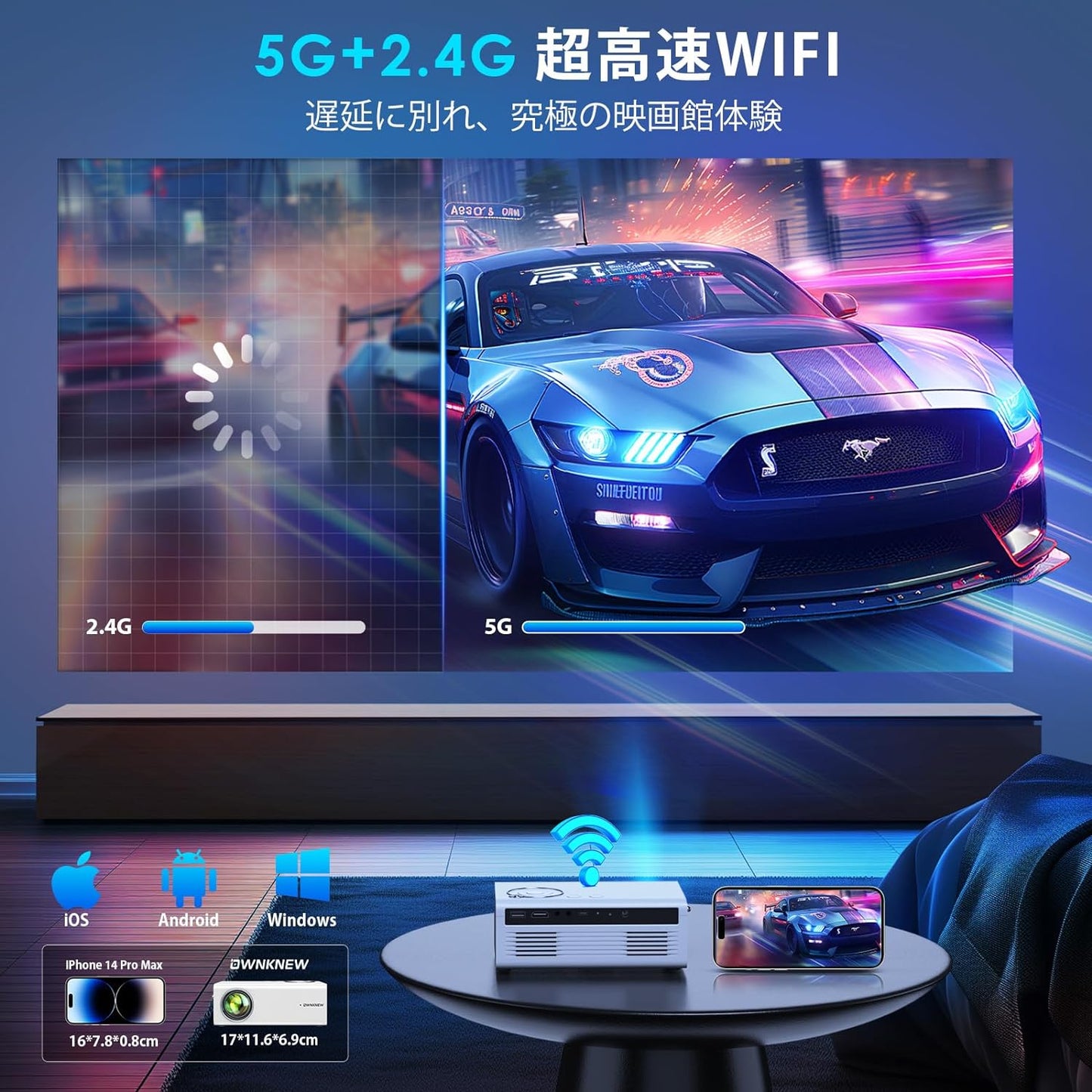 【2024新登場&超小型】OWNKNEW プロジェクター 13000LM高輝 5GWiFi Bluetooth5.3 1080P 4K対応 ミニ軽量 家庭用 短距離投影 ホームプロジェクター 台形補正 50%ズーム HiFiスピーカー 天井吊り可 IOS/Android/DVD/パソコン/PS4/USB/HDMI/SWITCH/PS機/接続可 プレゼント