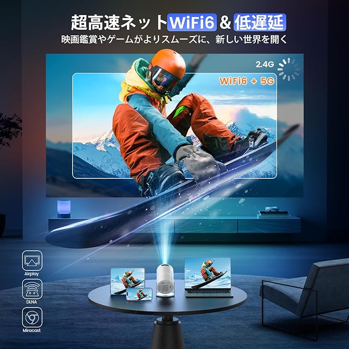 【2024最新Android 11搭載&210°回転】OWNKNEW プロジェクター 13000LM 天井投影 1080P WIFI6 自動台形補正 4K対応 Bluetooth5.3 小型 ホームプロジェクター 家庭用 スタンド一体型 内蔵HiFiスピーカー 短距離投影 50%ズーム IOS/Android/パソコン/DVD/PS4/SWITCH等対応 軽量